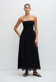 Strapless Knit and Broderie Dress - Black - Matteau